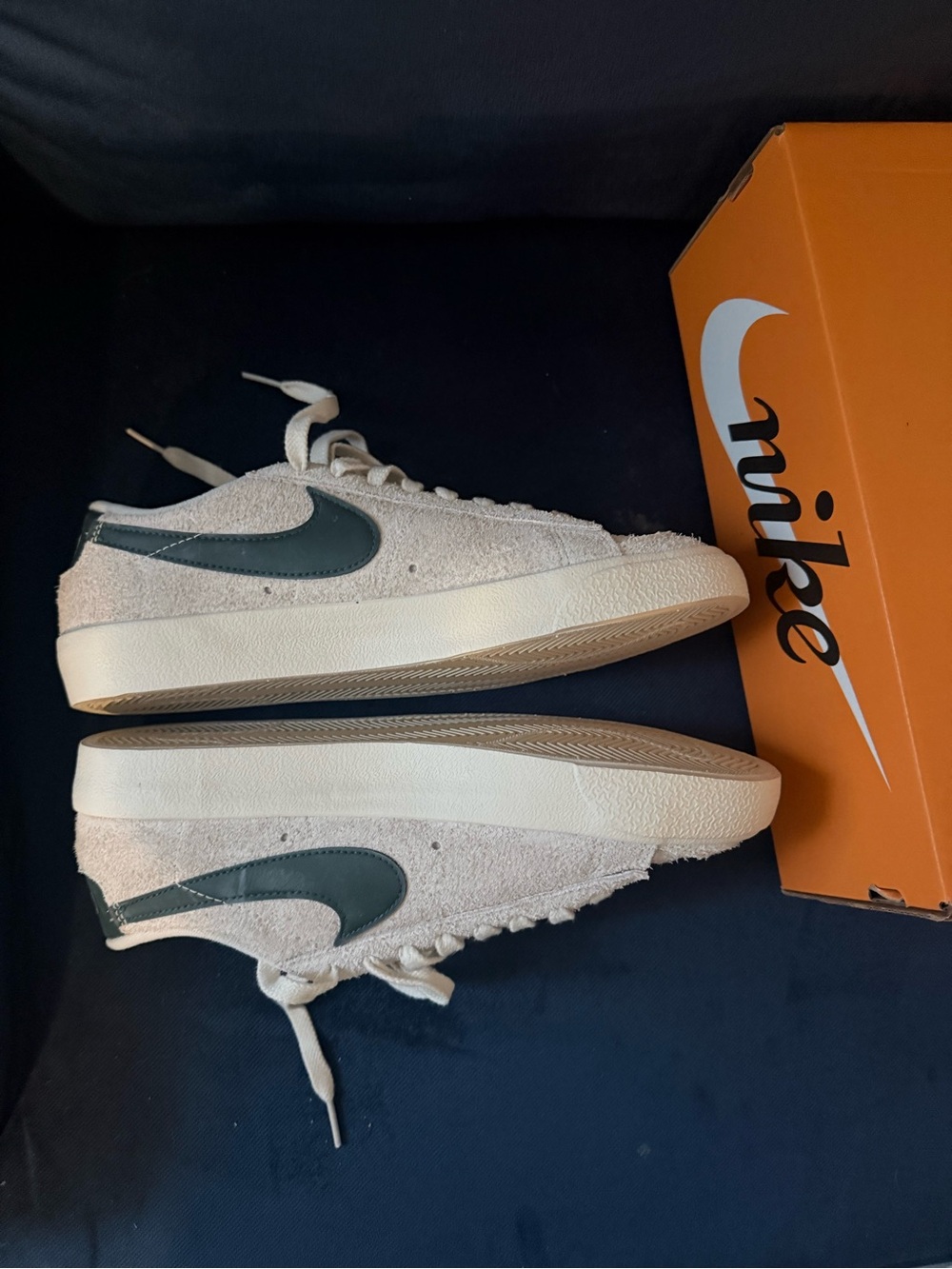 Nike Women’s Suede Low-Top Sneakers in Off-White with Dark Green Swoosh - Picture 8 of 10